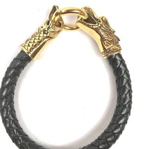 Dragón Gold Steel Black Leather Men Bracelet
